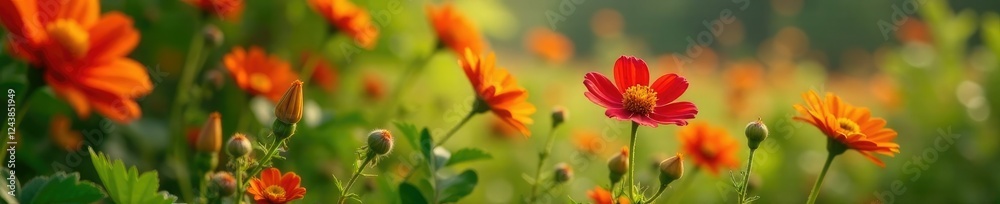 Fototapeta premium Flores secas de naranja y rosa en la vegetaci?n, flor roja, flora silvestre