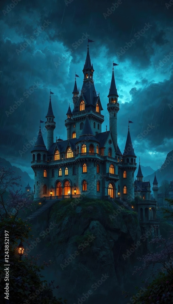 Windows of castle lit up like lanterns in the darkness on a stormy night, ethereal, lit, lanterns Windows of castle lit up like lanterns in the darkness on a stormy night, ethereal, lit, lanterns