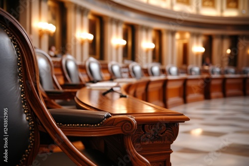A senate or congressional hall with politicians seated, debating new policies