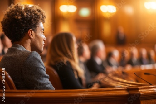 A senate or congressional hall with politicians seated, debating new policies photo