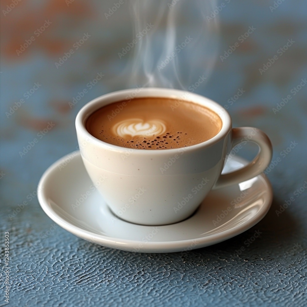 A steaming cup of coffee on a textured blue surface, with soft light creating a cozy atmosphere, ideal for relaxation A steaming cup of coffee on a textured blue surface, with soft light creating a cozy atmosphere, ideal for relaxation