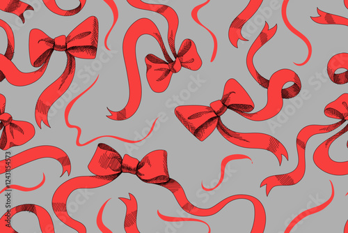 Seamless pattern with red bows and ribbons on a gray background. Elegant bows with long wavy and twisted ribbons. Sketch style. Vector illustration, doodle hand drawn.