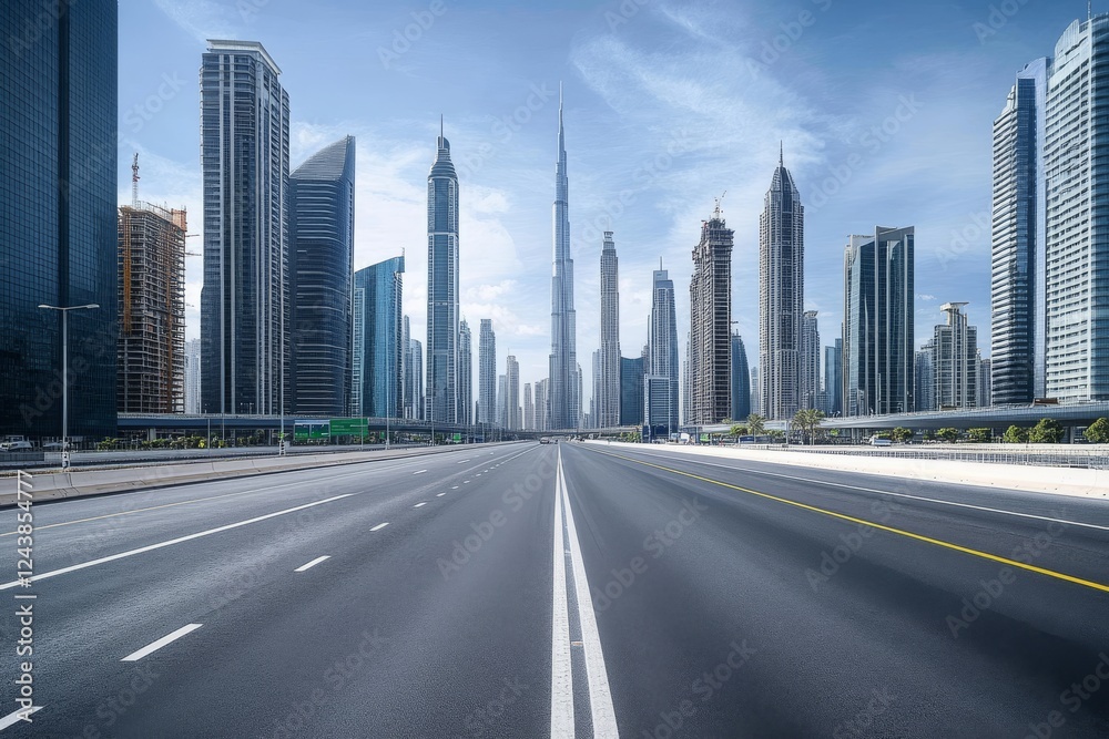 A stunning view of a vibrant city skyline with impressive skyscrapers alongside an empty road, showcasing ongoing urban development and the brilliance of modern architectural design