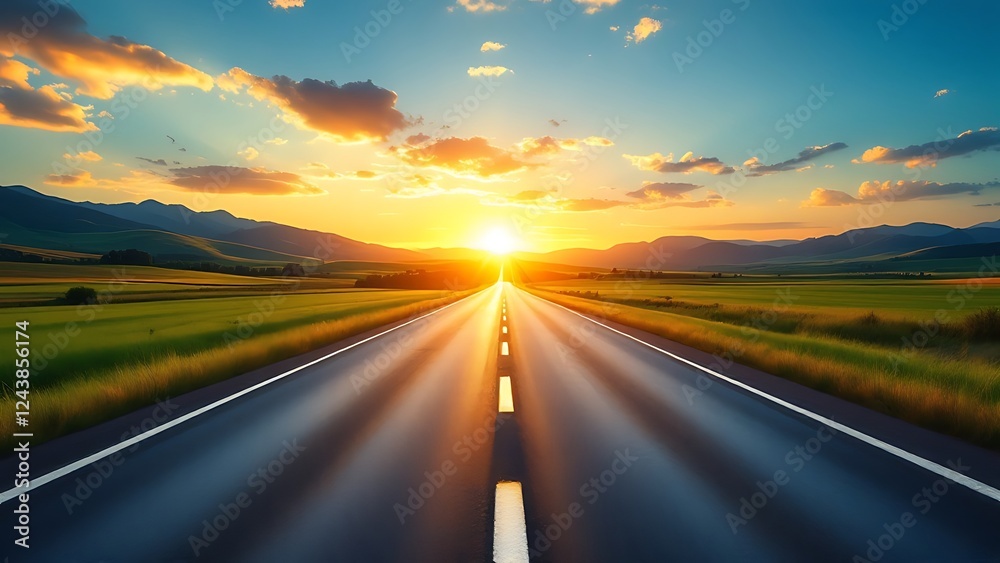 Naklejka premium View of a long straight deserted asphalt road with the evening sun sky background wallpaper AI generated image