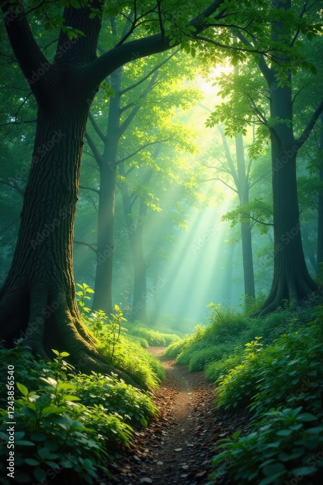 Naklejka premium A serene forest glade bathed in soft natural light, greenery, foliage, tree