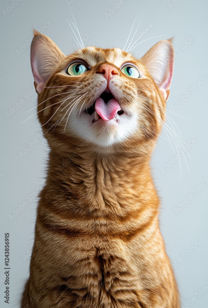 Playful Orange Cat Sticking Out Tongue with Bright Green Eyes in Close-Up Against Light Background, Captured in High Definition Playful Orange Cat Sticking Out Tongue with Bright Green Eyes in Close-Up Against Light Background, Captured in High Definition