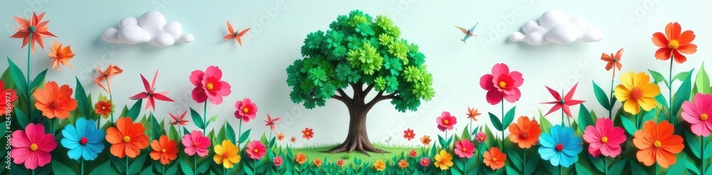 Fototapeta premium Colorful paper flowers and windmills surround a central tree, fantastical, nature