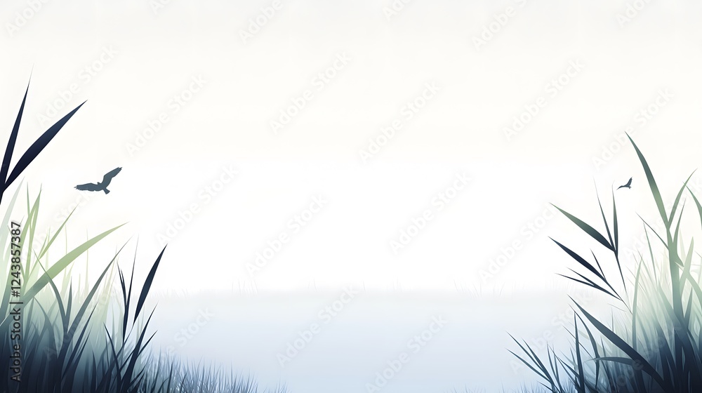 Obraz premium Tranquil Landscape with Silhouettes of Grass and Birds at Dusk