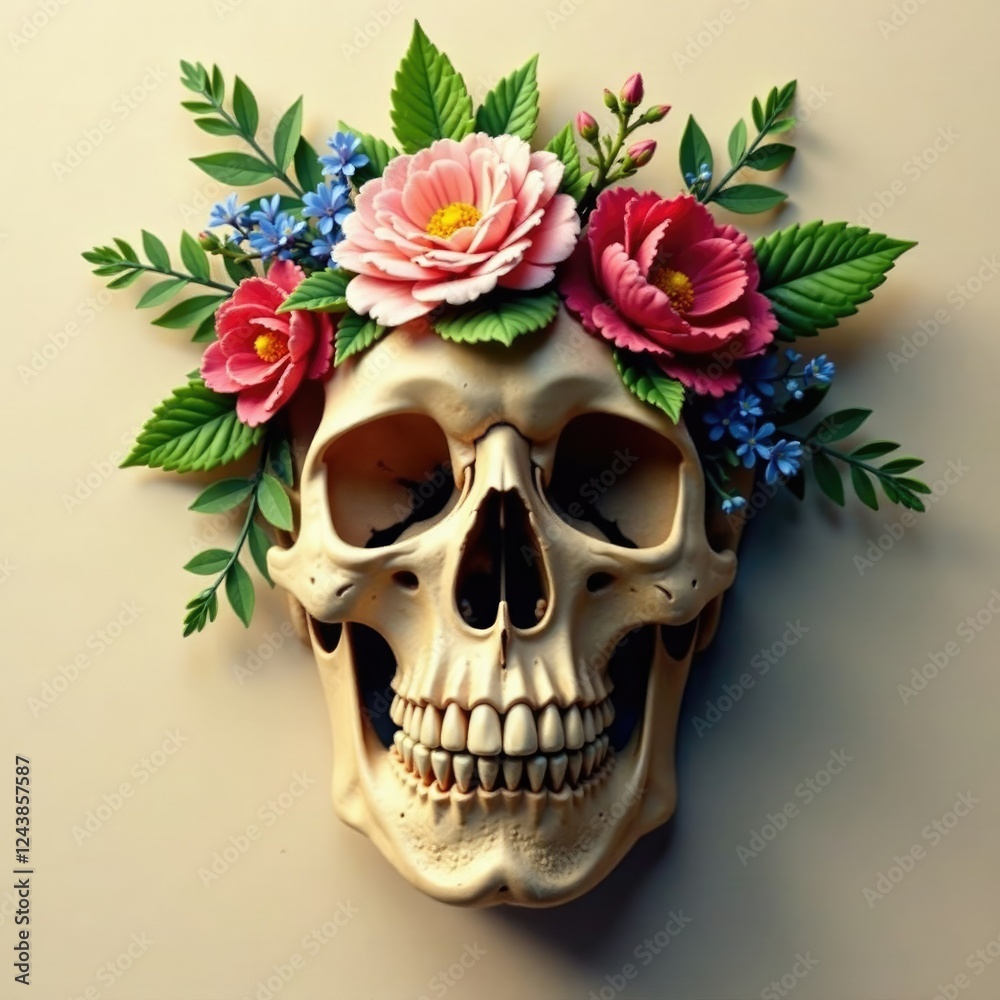 Fototapeta premium Floral and leafy arrangement on ancient skull, Botanical, Foliage