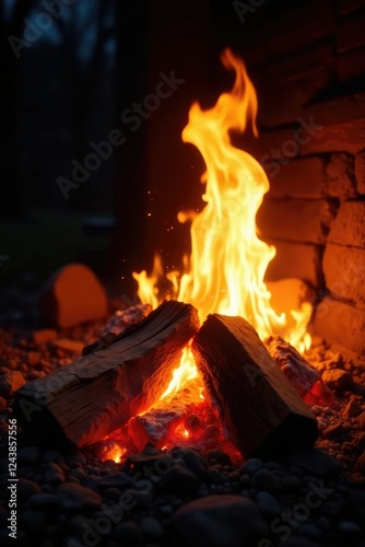 Flickering fire crackles softly in the darkness, warm glow, fireplace, night photo