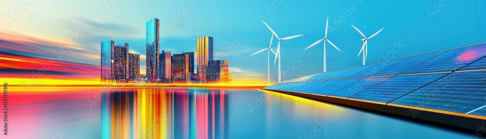 Fototapeta premium Vibrant cityscape with wind turbines and solar panels at sunset.