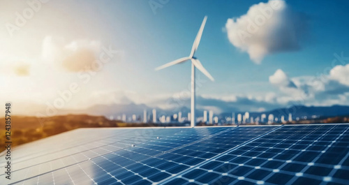 Solar panels capture sunlight while a wind turbine spins in the breeze, showcasing renewable energy solutions. photo