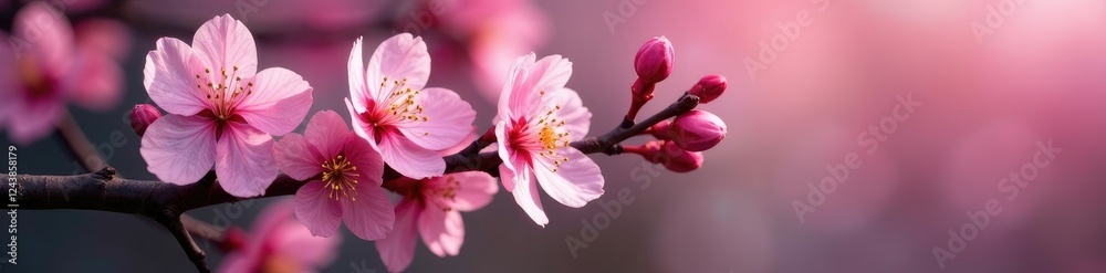 Fototapeta premium intricate stems of pink cherry blossoms growing on a dark branch, floral details, nature