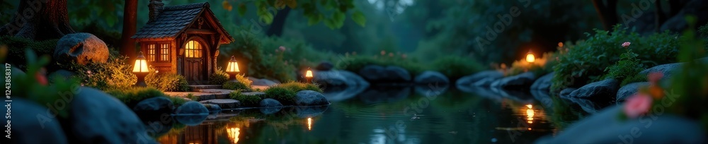 Lamps placed around a miniature pond near a fairy cottage, serene, night, landscape Lamps placed around a miniature pond near a fairy cottage, serene, night, landscape