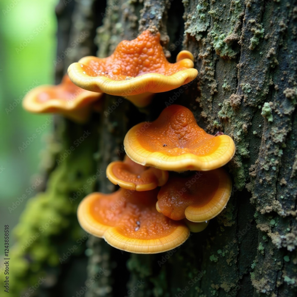 Extensive fungal growths and lichens on a large tree trunk, texture, woodland, decay Extensive fungal growths and lichens on a large tree trunk, texture, woodland, decay