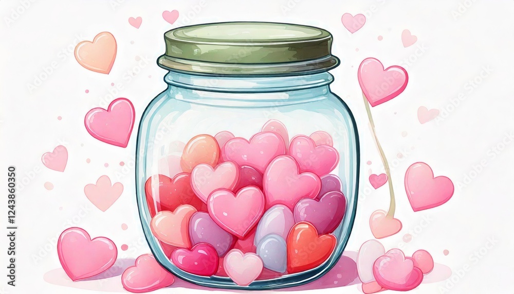 A vibrant jar of heart-shaped candies.