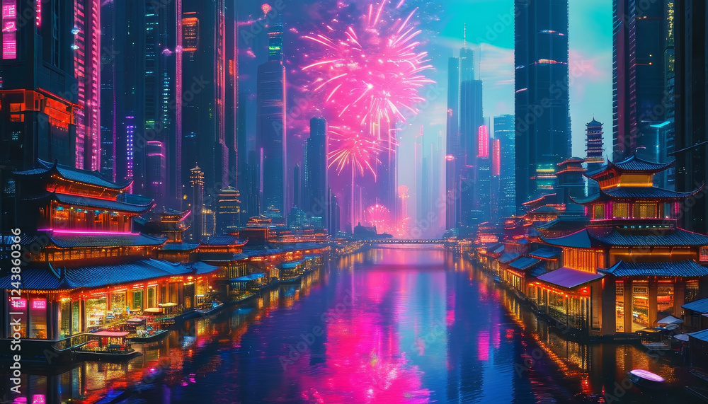 Obraz premium Cyberpunk Utopia at Night, cyberpunk cityscape, towering neon-lit skyscrapers, holographic billboards, bustling canal, glowing phosphorescent wate, Ultra-modern architecture, ancient Asian pagodas