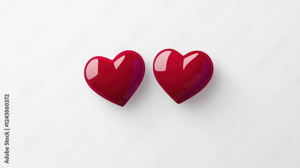 Red hearts symbolizing romantic love on clean white background perfect for Valentine's Day cards design glossy texture and vibrant color conveys warmth intimacy simple modern style Red hearts symbolizing romantic love on clean white background perfect for Valentine's Day cards design glossy texture and vibrant color conveys warmth intimacy simple modern style
