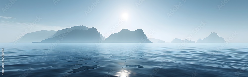 Naklejka premium Vast Calm Daylight Oceanscape with Minimal Mountainous Horizon