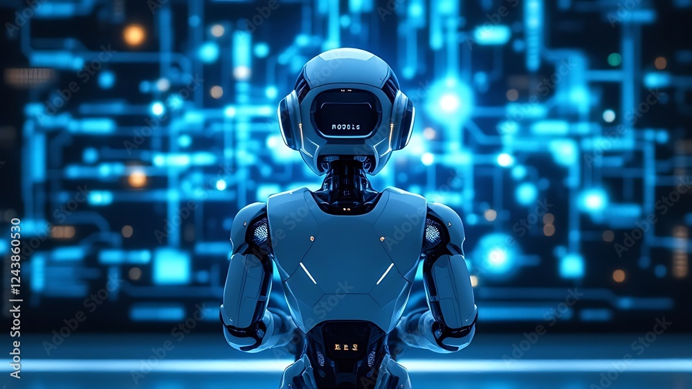 Design of a smart humanoid robot with artificial intelligence touching a hologram digital interface screen background wallpaper AI generated image Design of a smart humanoid robot with artificial intelligence touching a hologram digital interface screen background wallpaper AI generated image