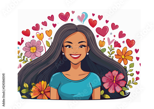 幸せそうな笑顔のロングヘアの女性　イラスト