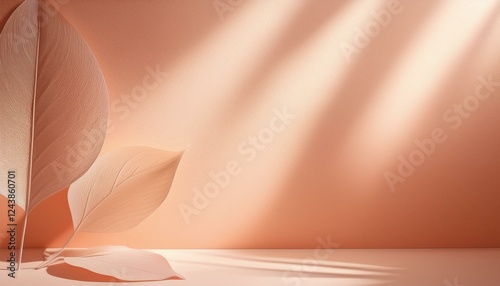 peachtoned background with delicate sheer leaves casting soft shadows minimalist aesthetic with an elegant and tranquil feel pastel colors create a soft botanical scene photo