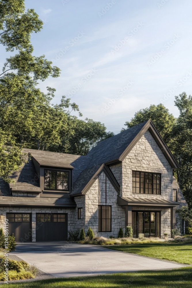 This enchanting modern stone house is nestled in a peaceful landscape, surrounded by vibrant greenery and bathed in the warm light of a clear blue sky during the afternoon This enchanting modern stone house is nestled in a peaceful landscape, surrounded by vibrant greenery and bathed in the warm light of a clear blue sky during the afternoon