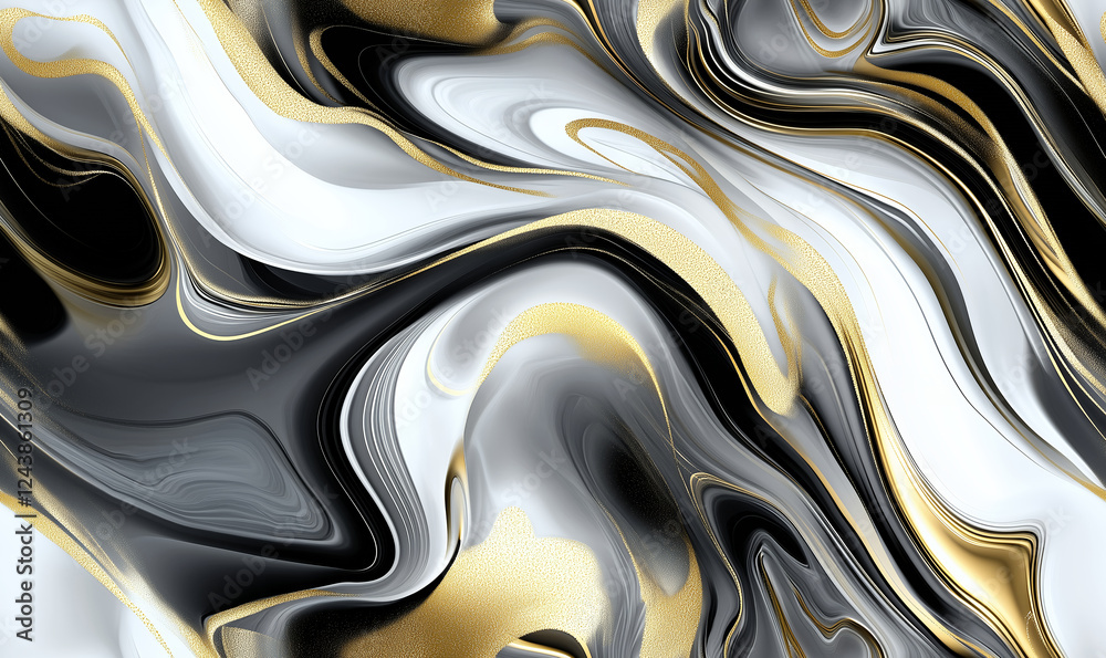 Luxury abstract marble texture seamless pattern in black, white and gold with elegant fluid swirls and metallic shimmering details