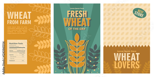 wheat barley products vintage template set of poster, package, bag, packaging design, label. Vintage fun and yummy style design. illustration vector background and seamless pattern.