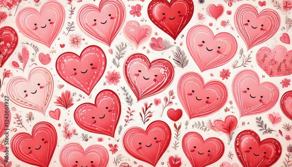 A vibrant pattern showcasing an array of cute, smiling hearts. A vibrant pattern showcasing an array of cute, smiling hearts.