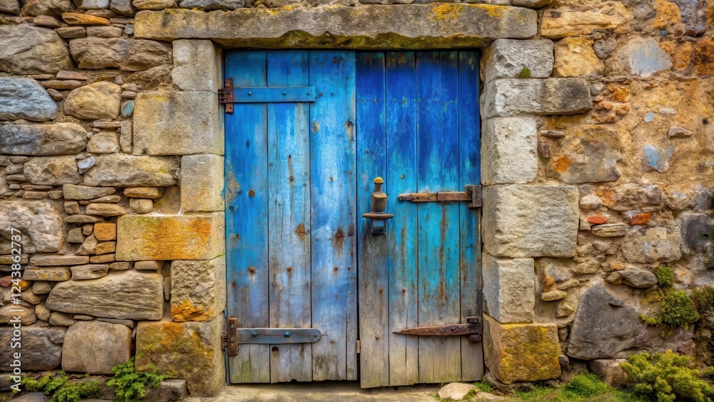 Rustic Weathered Blue Wooden Door Set in Aged Stone Wall Rustic Weathered Blue Wooden Door Set in Aged Stone Wall