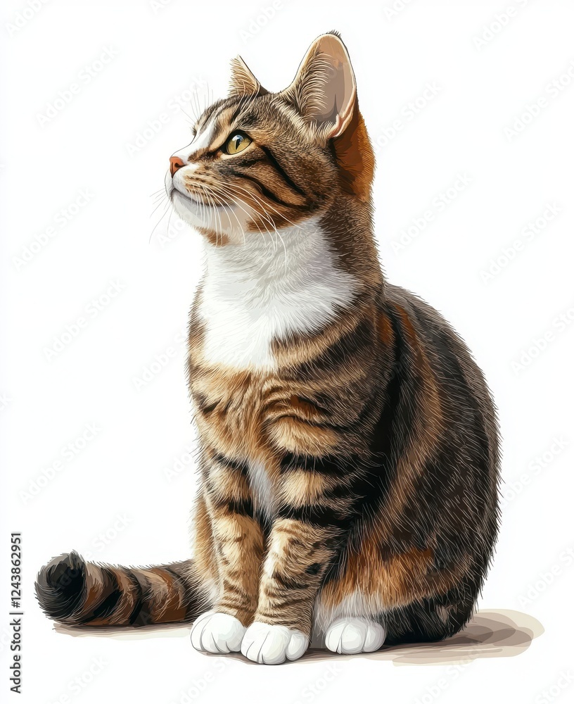 Obraz premium Realistic portrait of a domestic cat sitting gracefully with a serene expression, showcasing beautiful fur patterns and a curious gaze, isolated on white background