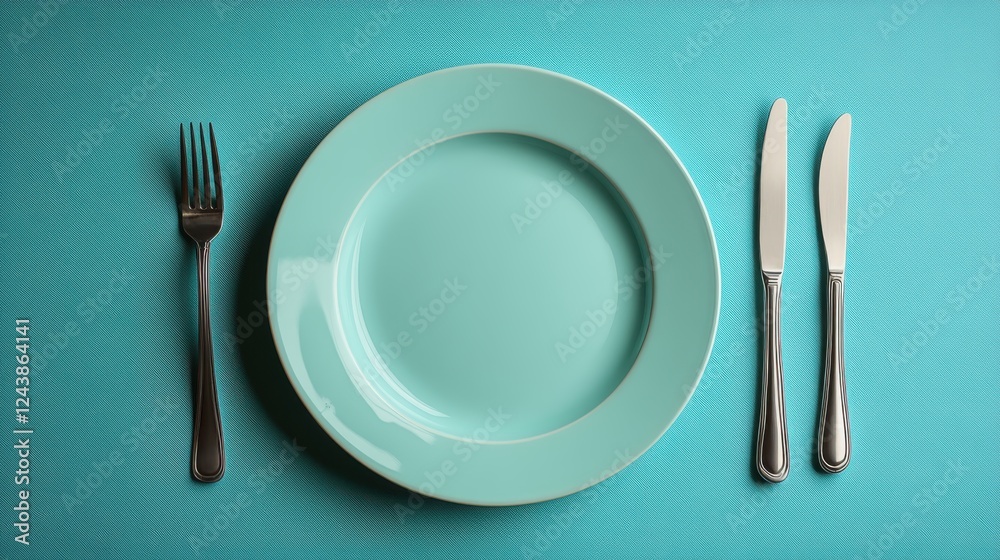 top view empty plate fork and knife on blue background top view empty plate fork and knife on blue background