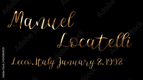 Manuel Locatelli. Gold text celebrates Manuel Locatellis birthdate in Lecco, Italy on January 8, 1998. Perfect for sports or birthday content. Text animation. 4K photo