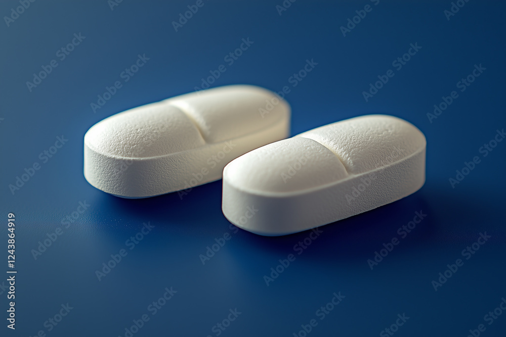 Two white pills on a blue background, top view. Close-up of two oval-shaped tablets. A bunch of isolated medical tablets on a table in the studio Two white pills on a blue background, top view. Close-up of two oval-shaped tablets. A bunch of isolated medical tablets on a table in the studio