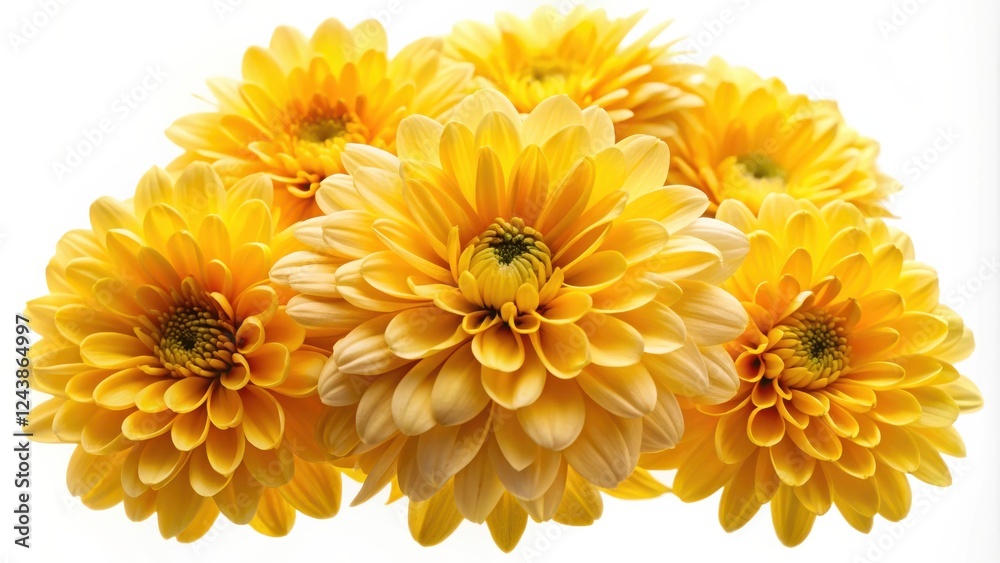 Close-up of a cluster of vibrant yellow chrysanthemum flowers against a bright white background Close-up of a cluster of vibrant yellow chrysanthemum flowers against a bright white background