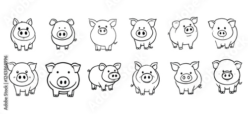 Set of black silhouette pig flat cartoon isolated on white background. Vector illustration