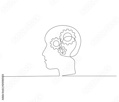 Continuous one line drawing of human head with gears inside. Single line drawing illustration of Cogwheels. Gears inside concept vector art. Doodle line illustration.
