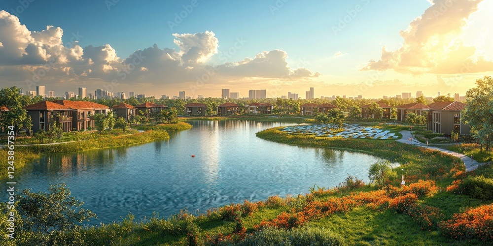 Fototapeta premium Serene Lakeside Community at Sunset