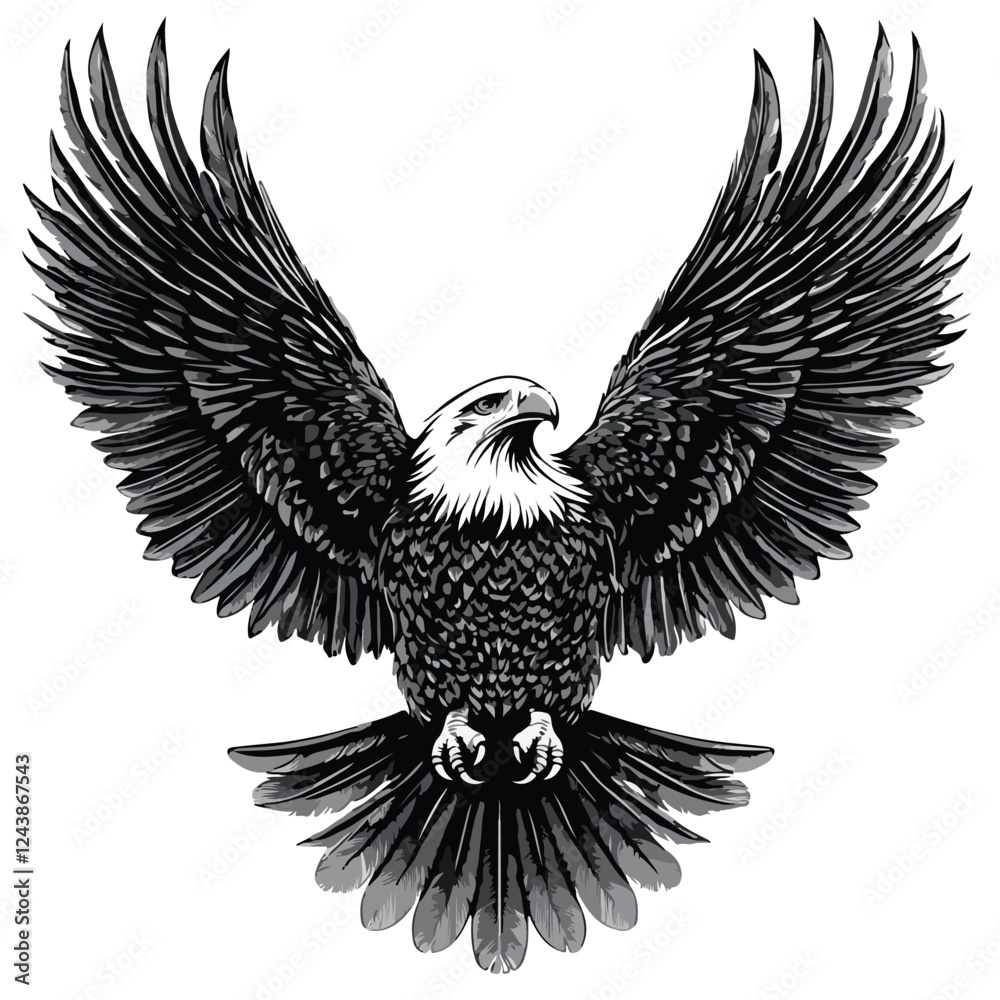 Obraz premium Eagle in black and white with fully extended wings.