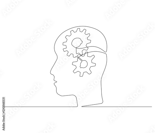 Continuous one line drawing of human head with gears inside. Single line drawing illustration of Cogwheels. Gears inside concept vector art. Doodle line illustration.

