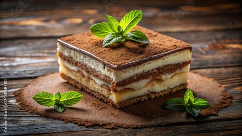 Fototapeta Naklejka Na Ścianę i Meble -  Delicious layered dessert with cocoa powder and mint garnish