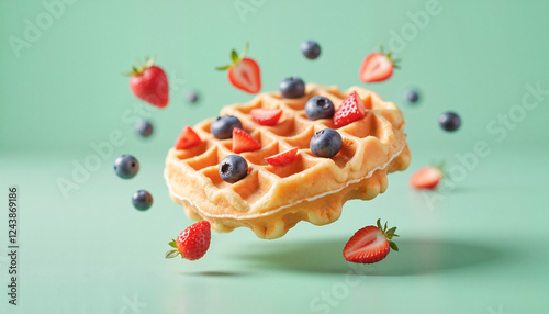 Bubble waffle dessert with strawberries and blueberries floating in the air against a muted teal-green background, festive culinary concept. photo