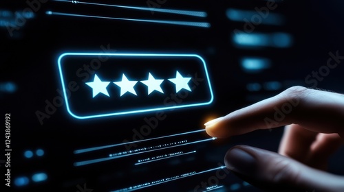 Pressing for satisfaction hand interaction with glowing five-star rating icon in digital environment