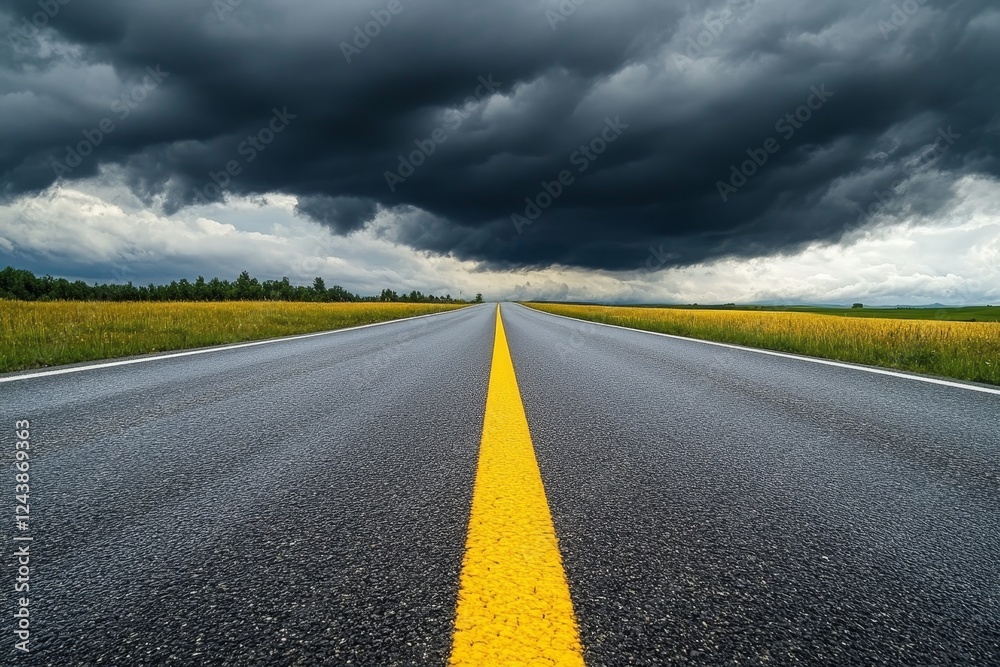 Stormy Road Ahead Asphalt highway vanishing under dark clouds over field Stormy Road Ahead Asphalt highway vanishing under dark clouds over field