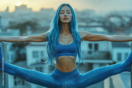 A woman with blue hair performs a straddle split on a rooftop at sunset, showcasing flexibility and strength.
