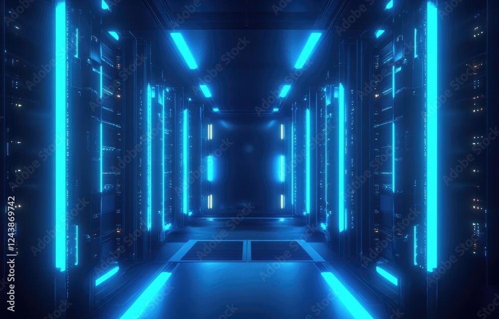Fototapeta premium Futuristic server corridor with vivid blue neon lighting, designed for modern technology showcases and innovation-driven projects