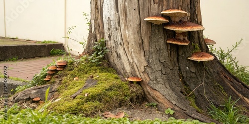 Weathered tree trunk with multiple lingzhi mushrooms growing on it, fungal morphology, decay process