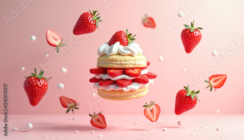 Floating strawberry shortcake with fluffy biscuits and whipped cream against a soft blush pink background, delightful dessert concept.