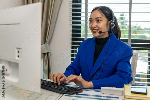 A woman wearing a blue jacket and a headset is sitting at a desk in front of a computer monitor